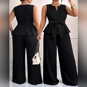 2 Pcs Set Women's 26W Black Belted Outfit Wide Leg Pleated Pants Sleeveless Top
